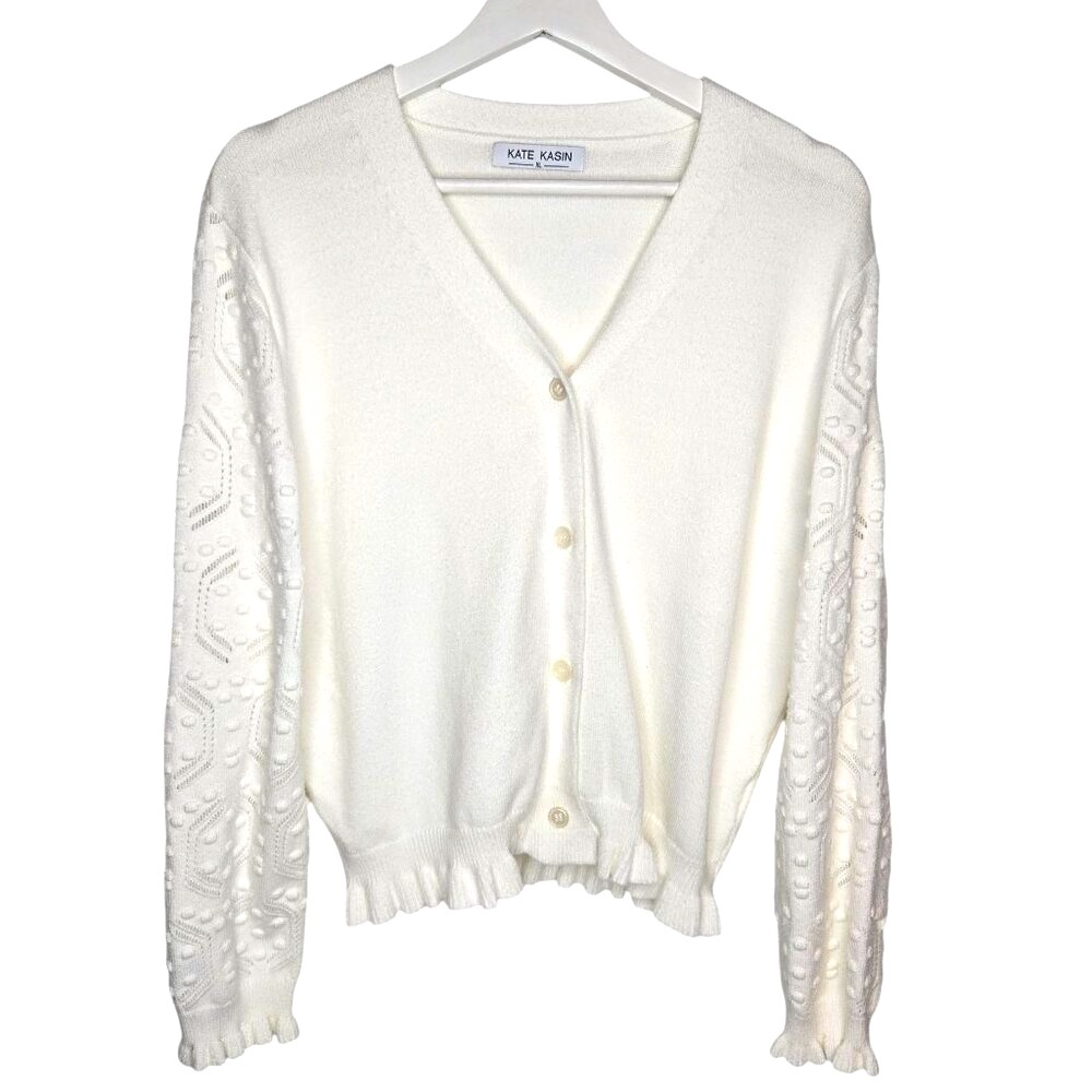 Kate Kasin Soft Knit Cardigan Women's 3D Puff Sleeve Ruffle Bottom Cottage XL